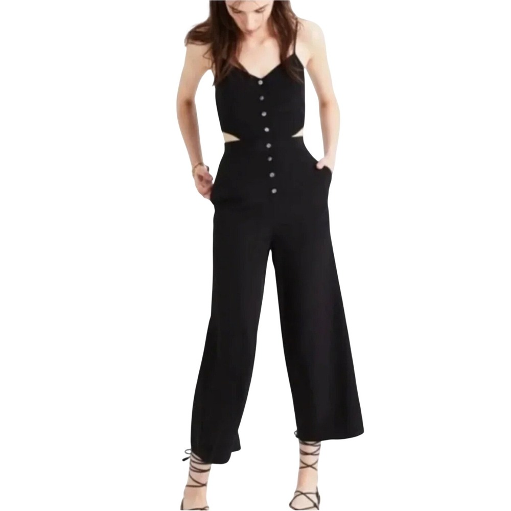 Madewell Jumpsuit Women 14 Black Silk Cutout Button Front Sleeveless Jumpsuit
